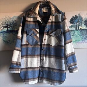 RD Style Conscious Long Plaid Shacket blue and brown and cream - Medium